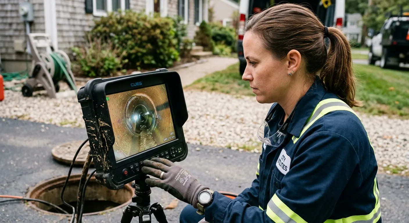 Technician reviewing sewer camera inspection footage in Sky Lake