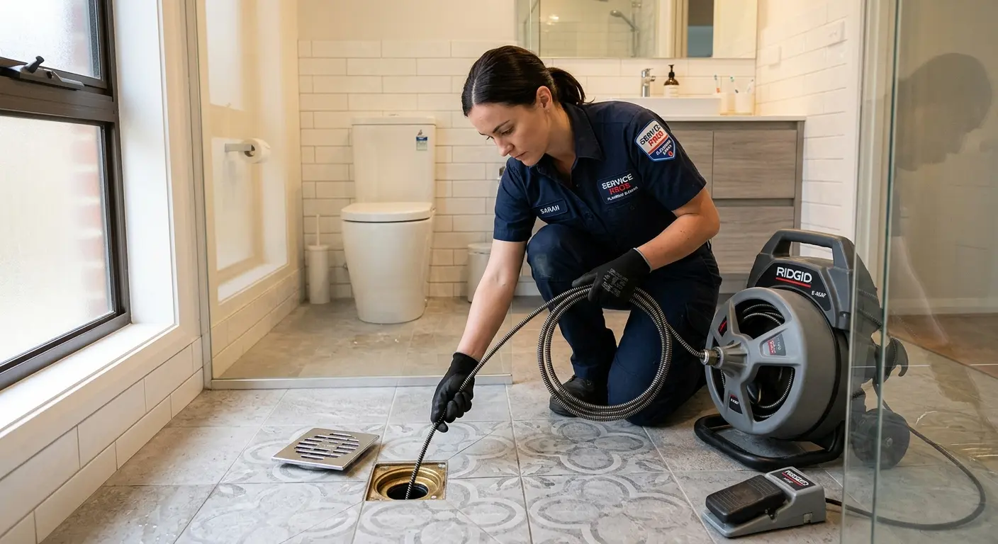 Technician clearing a bathroom floor drain for Hydro Jetting in Sky Lake